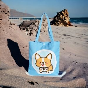 Nayothecorgi Happy Corgi Canvas Bag–Button Closing Printed Canvas Tote Bag NIB